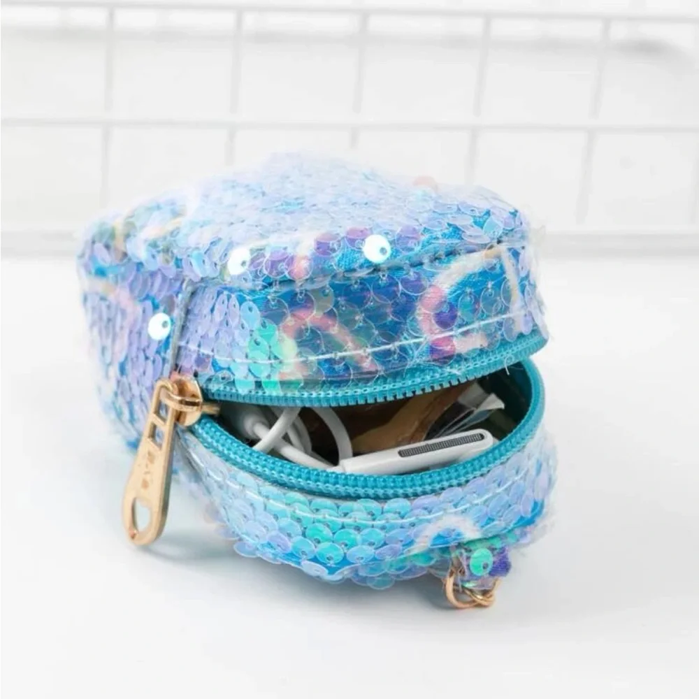 Mini Blue Sequined Backpack Coin Purse Small Zip Pouch